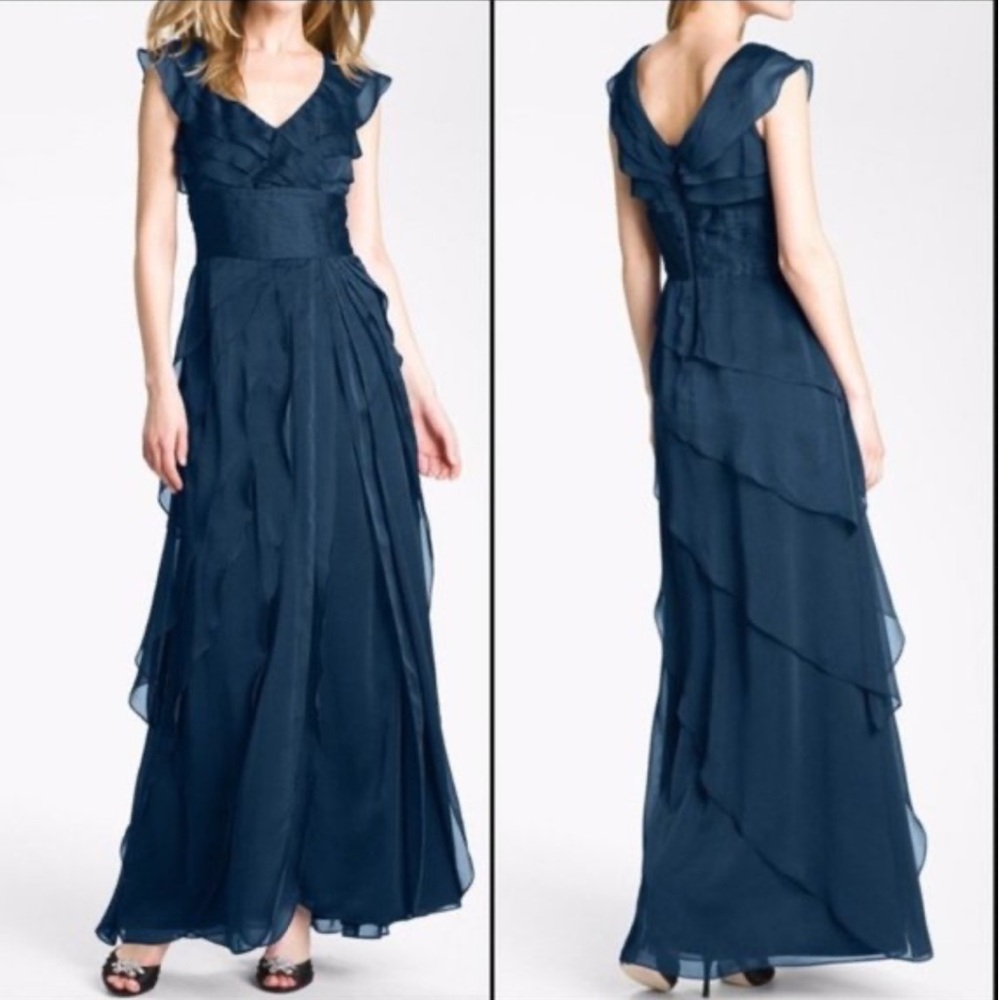 Adrianna Papell Blue Tiered Ruffle evening gown